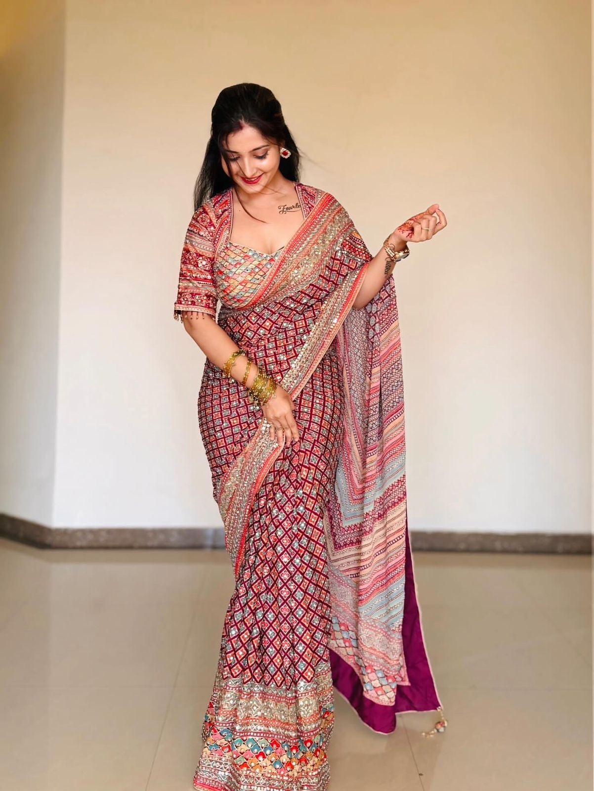 Mirror Shine Saree – Chinnon Print with Zari & Diamond Work