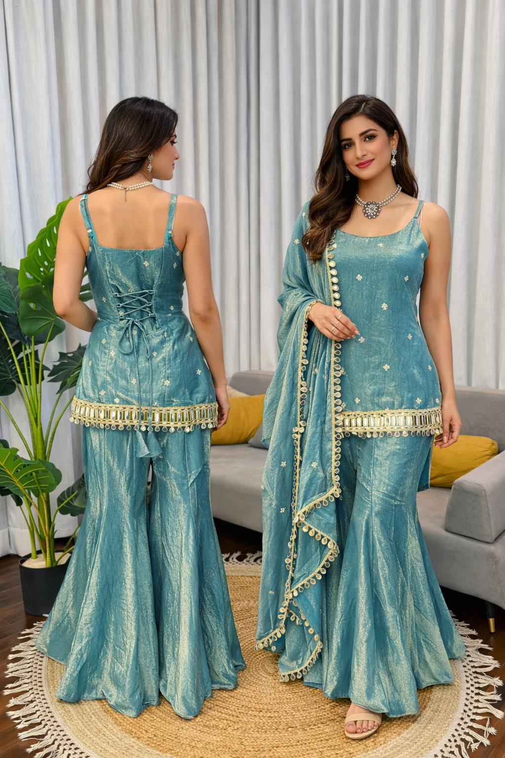 Premium Fendy Silk 3-Piece Suit Set with Mirror Work